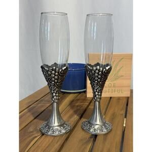Vintage Pewter Grapevine Champagne Flutes Set of 2 Ornate Wedding Toast Glasses
